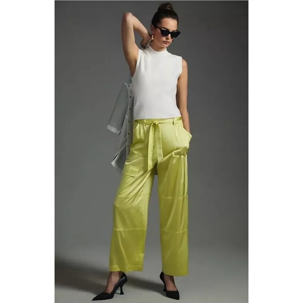 Hutch Anthropologie Women's XL Chartreuse Satin Wide Leg Cargo Pants High Rise
